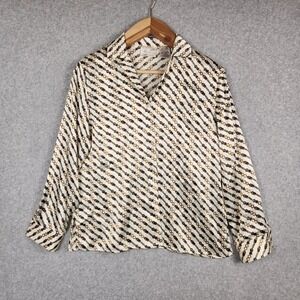 Kathie Lee Button Up‎ Blouse Womens Large Chain Print Gold Buckle Equestrian Y2K